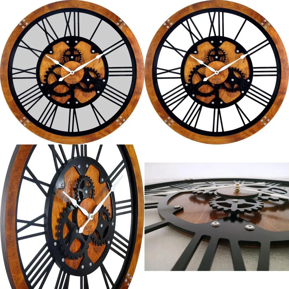 

Vintage 24 Wooden Gear Wall Clock with Roman Numerals and Metal Rivets