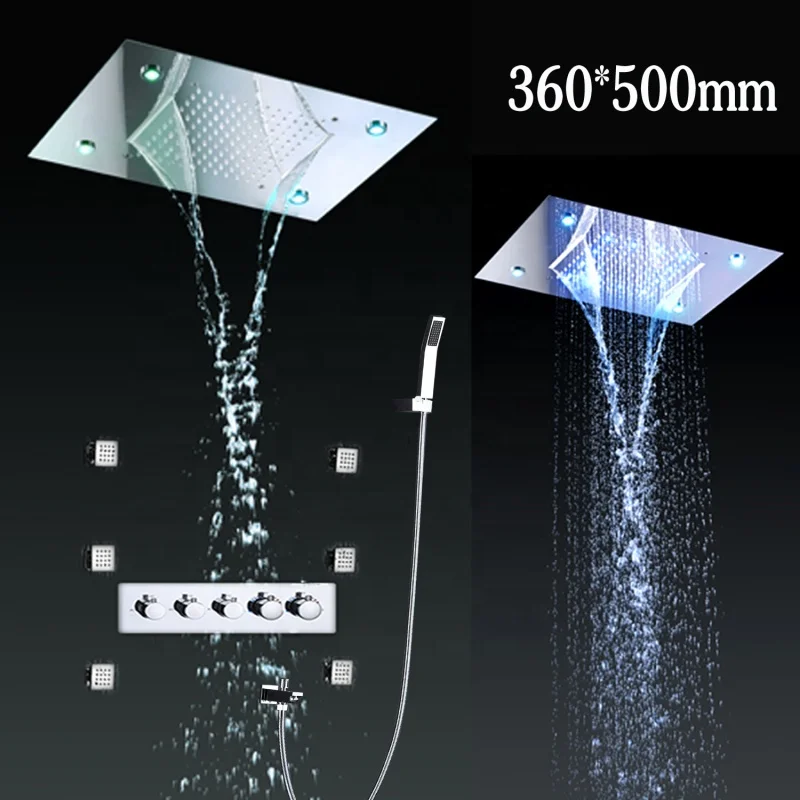 Brass Hot Cold Four Handle Shower Valve Stainless Steel 360x500 Ceiling Mounted LED Rain Bathroom Shower Faucet Spa Body Massage view 3