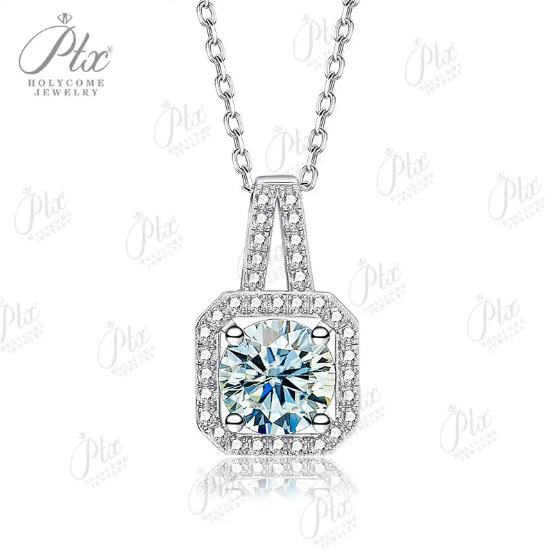 

1CT Super Sparkling VVS1 Aqua Blue Square Bag Pendant Moissanite Diamond Necklace Women Wedding Party 925 Silver Chain Wholesale