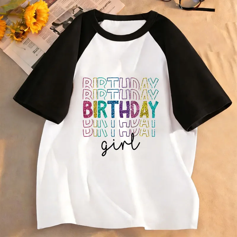 Graphic Birthday Girl Letter Printed Kids Tshirts Summer Short Sleeve Tees Girls Clothes Kawaii Tops Y2K Children T-shirt