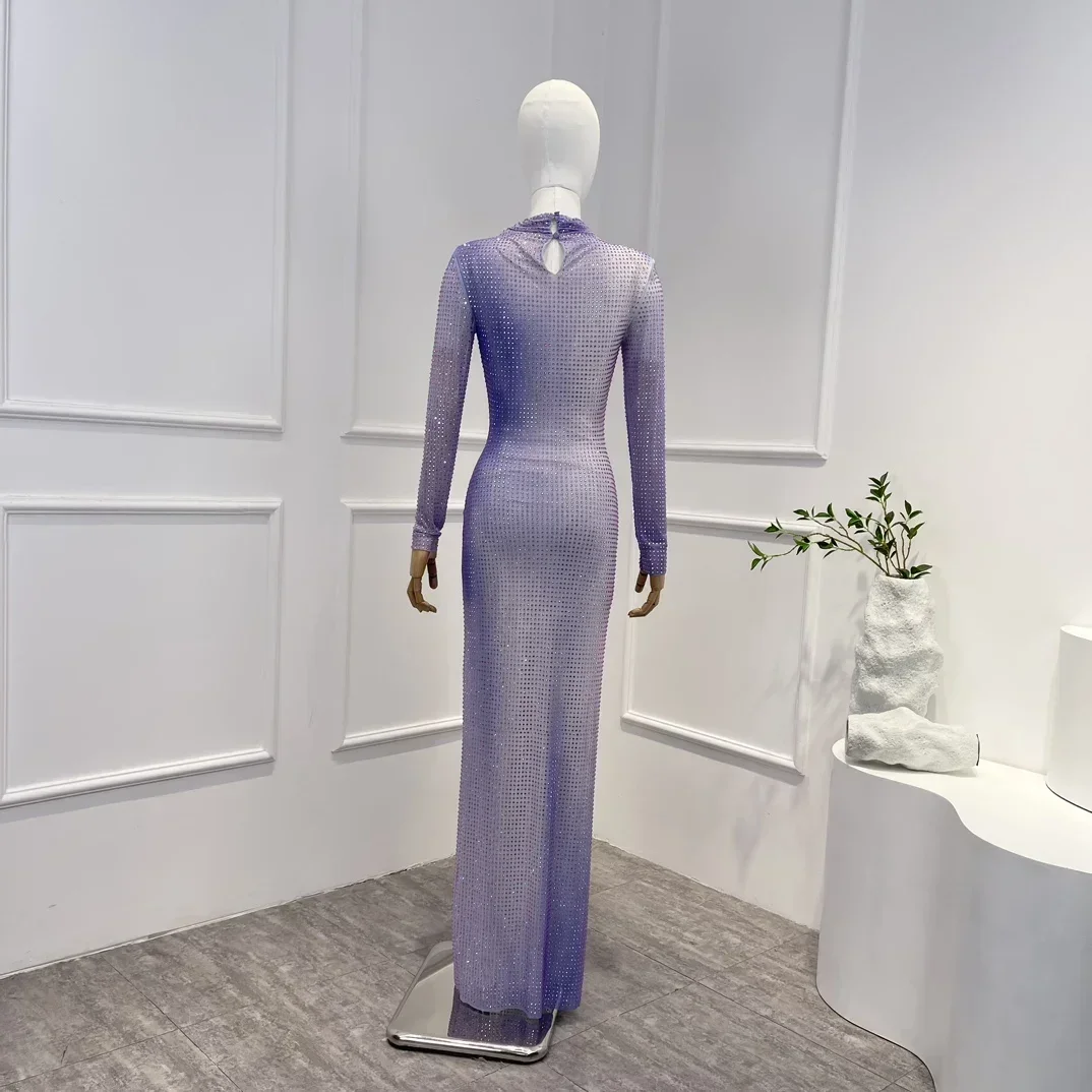 2023 New Purple Light Violet Spring Summer Luxury High Quality Turtleneck Long Sleeve Diamonds Woman Dress