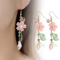 Romantic Elegant Cherry Blossoms Flower Earrings For Women Pink Petals Sakura Long Tassel Drop Earring Dangle Earrings pendiente