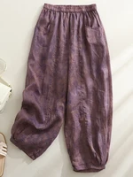 Retro Waterprint Linen Casual Nine-Piece Pants plus Size Women's Loose Elastic Waist Versatile Wide Leg Harlan Pants - Image 5