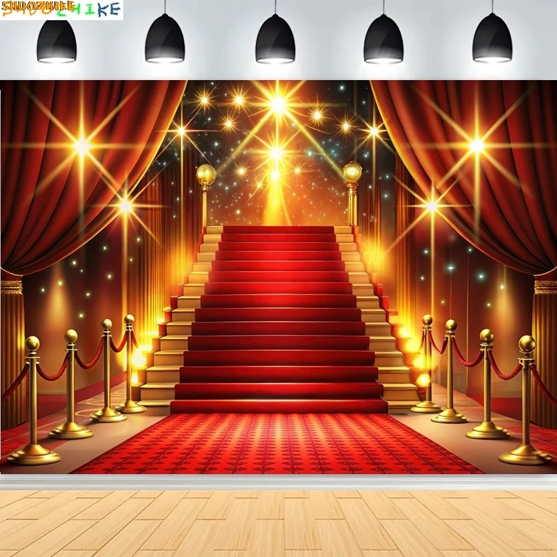 

Red Carpet Stage Shining Spotlights Photography Backdrops Stair Lighting Bollywood Golden Regal Awards Photo Background WT-02
