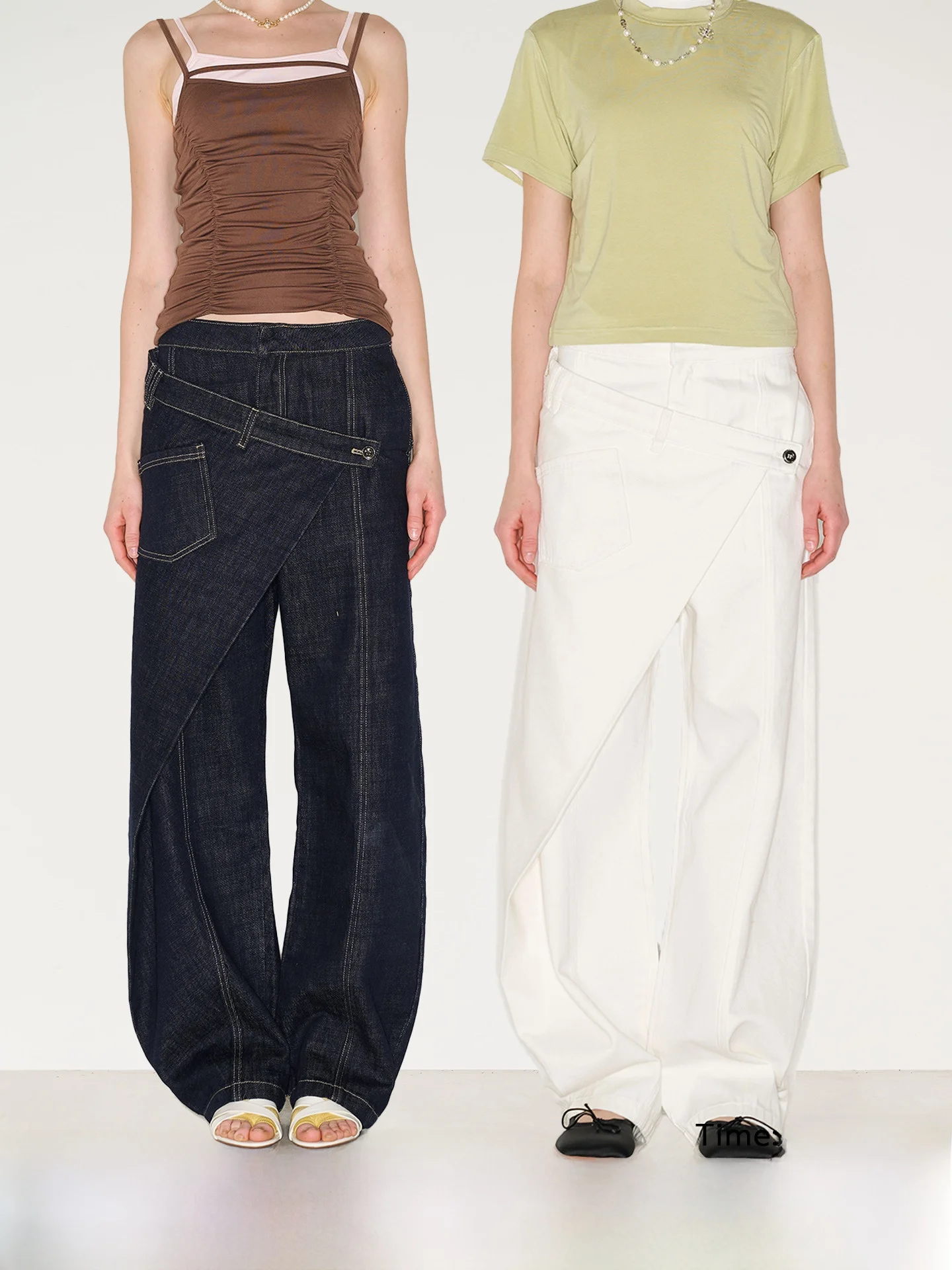 

Деконструированные двухцветные оригинальные джинсы в стиле пэчворк, наклонные синие прямые джинсы с раздельным дизайном, джинсовые брюки с талией