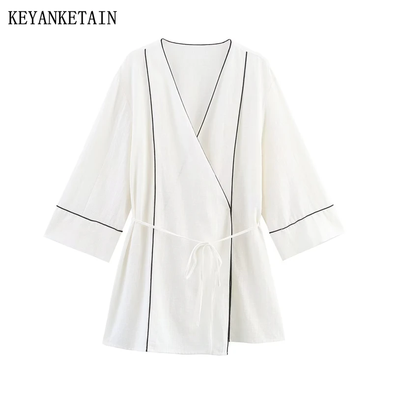 

KEYANKETIAN Spring/Autumn New Women's Contrast Piping Mid-length shirt