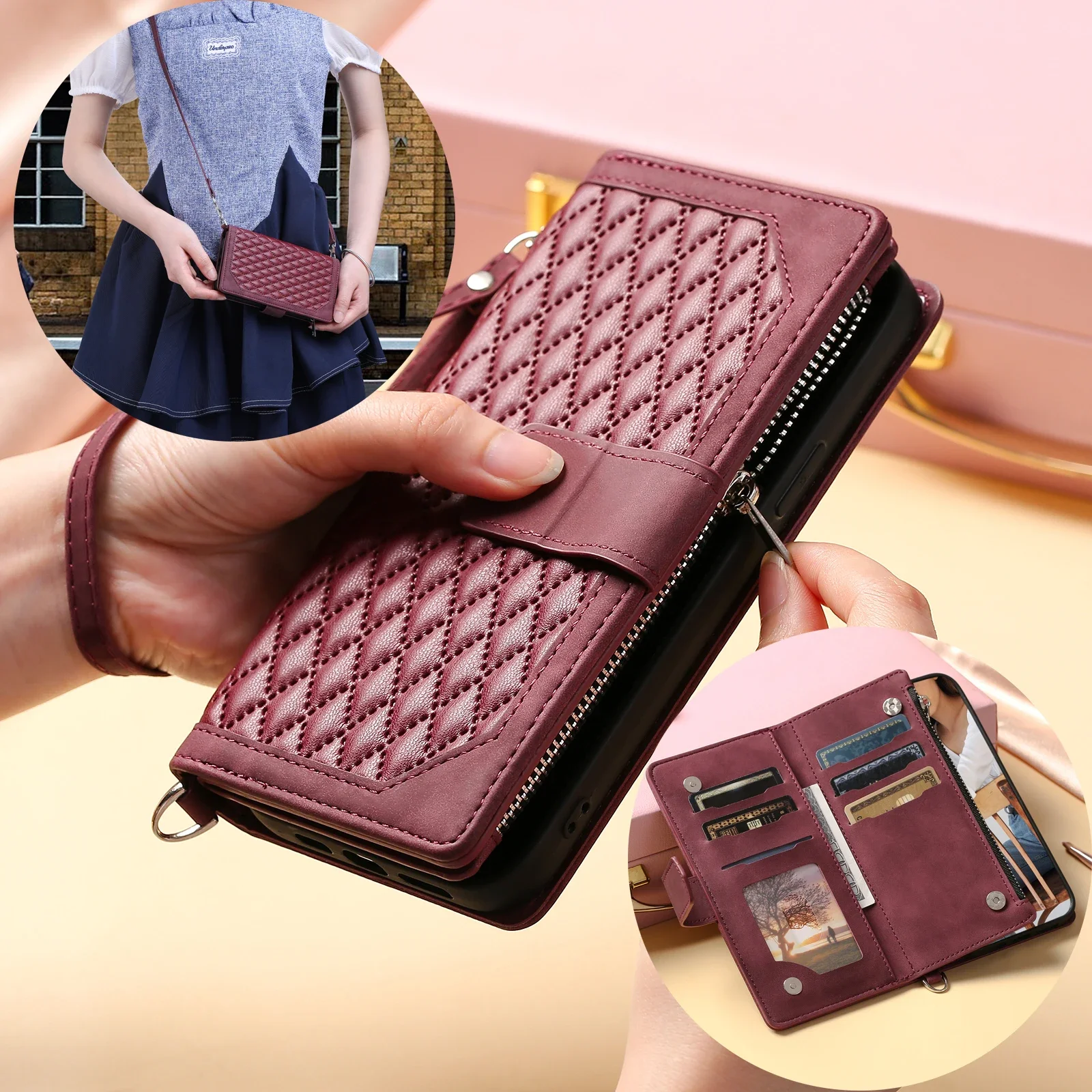 Crossbody Flip Zipper Wallet Leather Phone Case for XiaoMi RedMi Note 13 12 11 Pro 11S 10 10S 12T 13T Poco X3 NFC Lanyard Cover