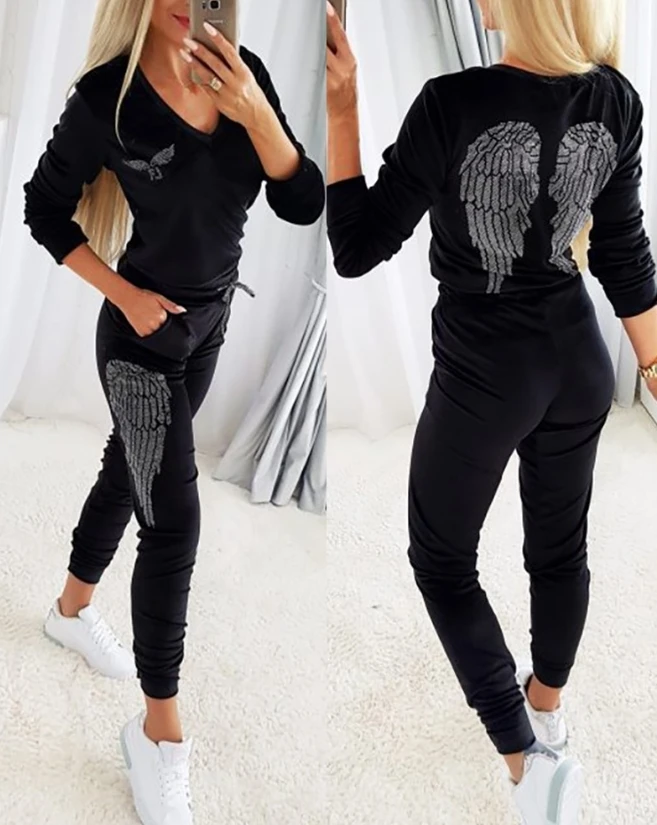 

Women Tracksuit 2 Piece Set Women Outfit Rhinestone Angel Wings Pattern Long Sleeve Top & Drawstring Cuffed Pants Set Sportswear