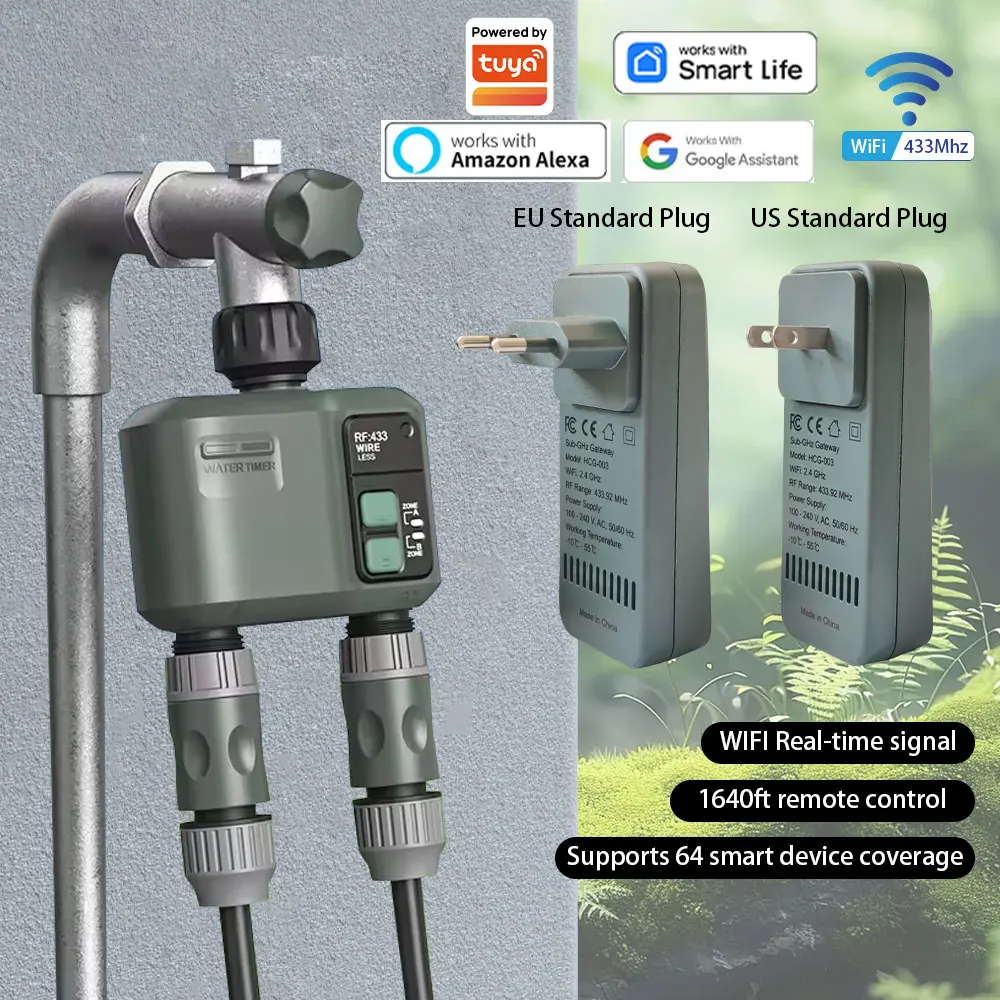 Tuya Wifi+RF433  2 Outlet Smart Garden Watering Timer Drip Irrigation Controller Rainfall Delay Programmable  Works with tuya