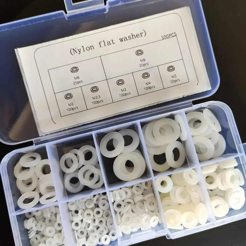 500Pcs M2 M2.5 M3 M4 M5 M6 M8 Nylon Plastic Flat Washer Plane Spacer Insulaton Seals Gaskte Washer Nylon Gasket Ring Mix Kit