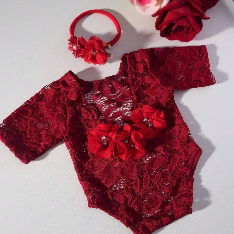 Y1UB-ropa para sesión fotos para niñas pequeñas, pelele encaje con espalda descubierta, diadema flores para fotografía