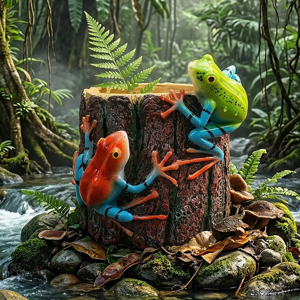 Medium Diameter Planter Tree Stump Shape Planter Pot with Frogs Resin Decorative Flower Container Small Cactus Holder for Home