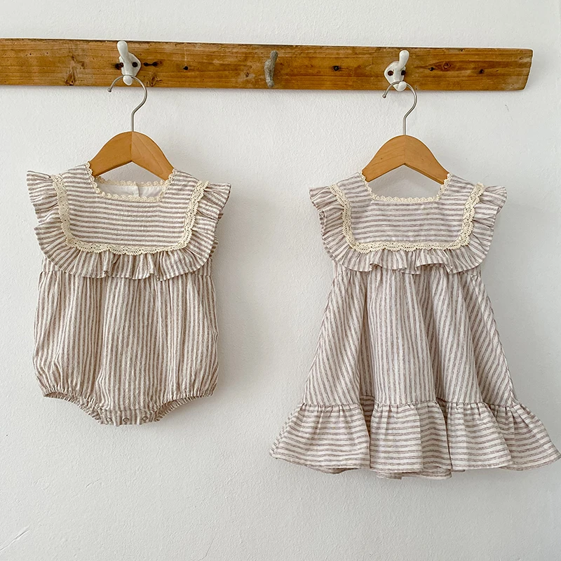 Sisters Clothes Kids Party Dress Toddler Baby Girl Romper Sleeveless Cotton Stripe Summer Baby Girls Princess Dress Korean Style