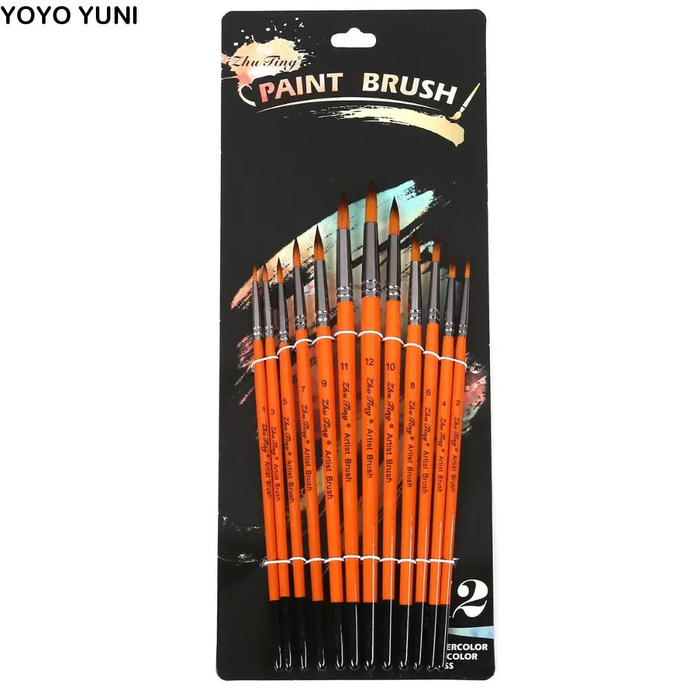 

12pcs/set Multifunctional Painting Brush Set Professional Wooden Handle Watercolor Drawing Brushes Nylon Orange
