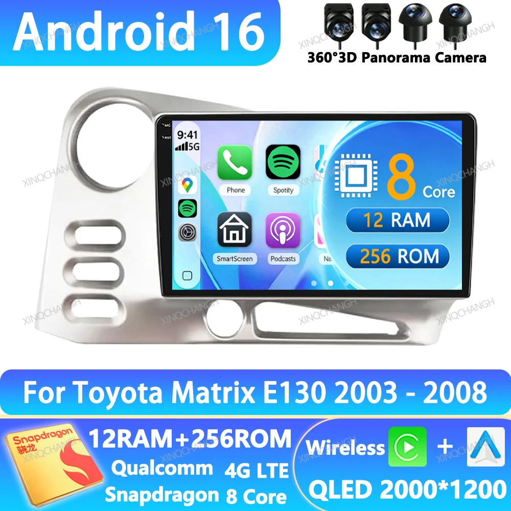 Android 16 Car Radio For Toyota Matrix E130 2003 - 2008 4G LTE 5G WIFI Qualcomm Head Unit Navigation GPS 2DIN BT QLED Navigation