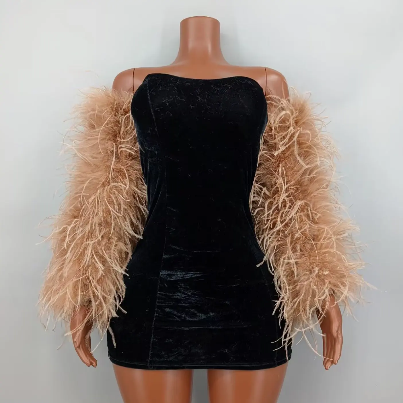 Mangas de plumas de avestruz auténticas color camel para mujer, accesorios a juego para vestidos de noche y fiesta de boda 23A0401