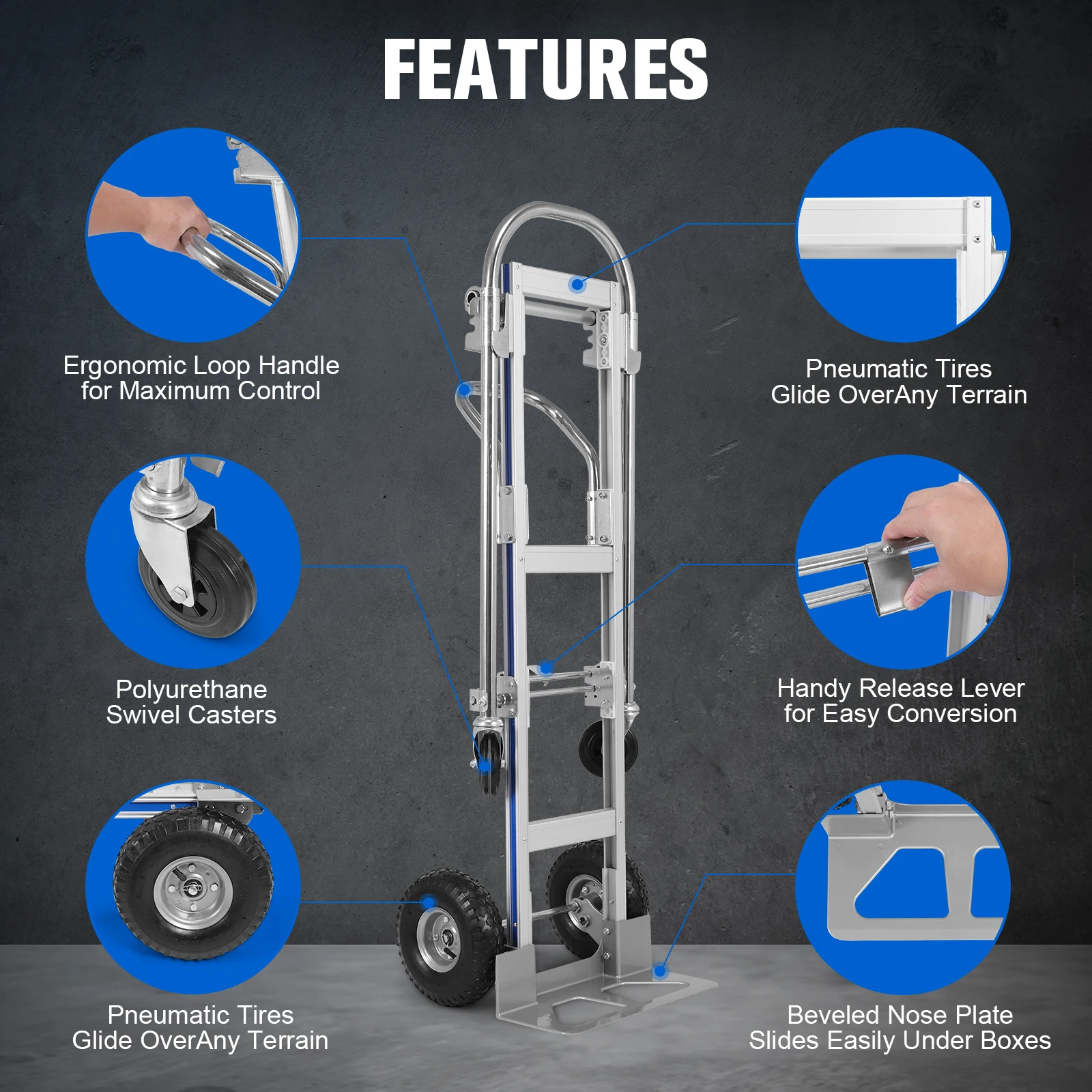 

Aluminum Industrial Dolly Rust Proof Multi-Function Handle Truck Wear Resist for Warehouse Factory Retail Store Office