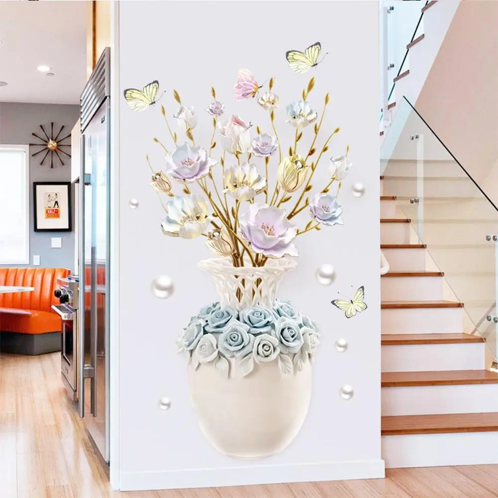 

Wall Stickers, Embossed Vase Colored Flower Bedroom Wallpaper Self-adhesive Bedside Bedroom Background Aesthetic Decor Poster