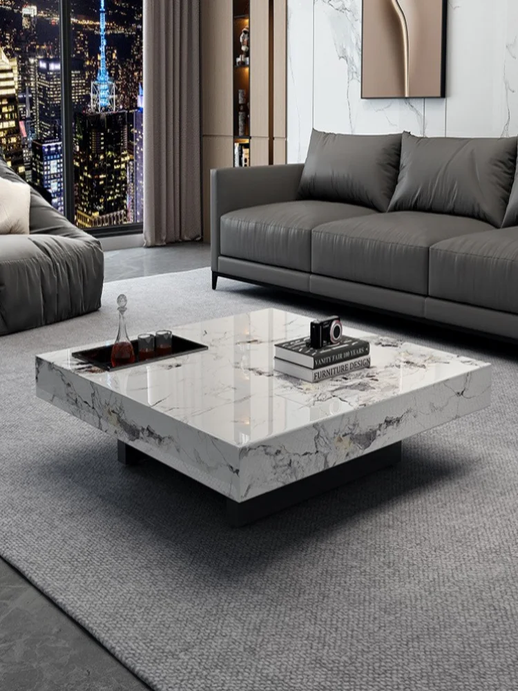 Italian minimalist square slate coffee table, living room, home luxury, modern simple marble, suspended size apartment