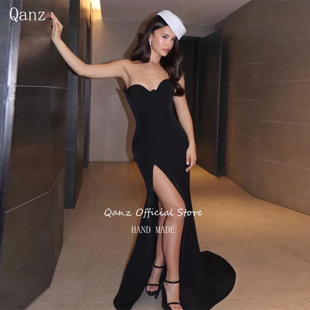 

Qanz Black Satin Mermaid Prom Dress Sweetheart High Leg Slit Modest Women Evening Gown Sleeveless Robes De Soirée Customized