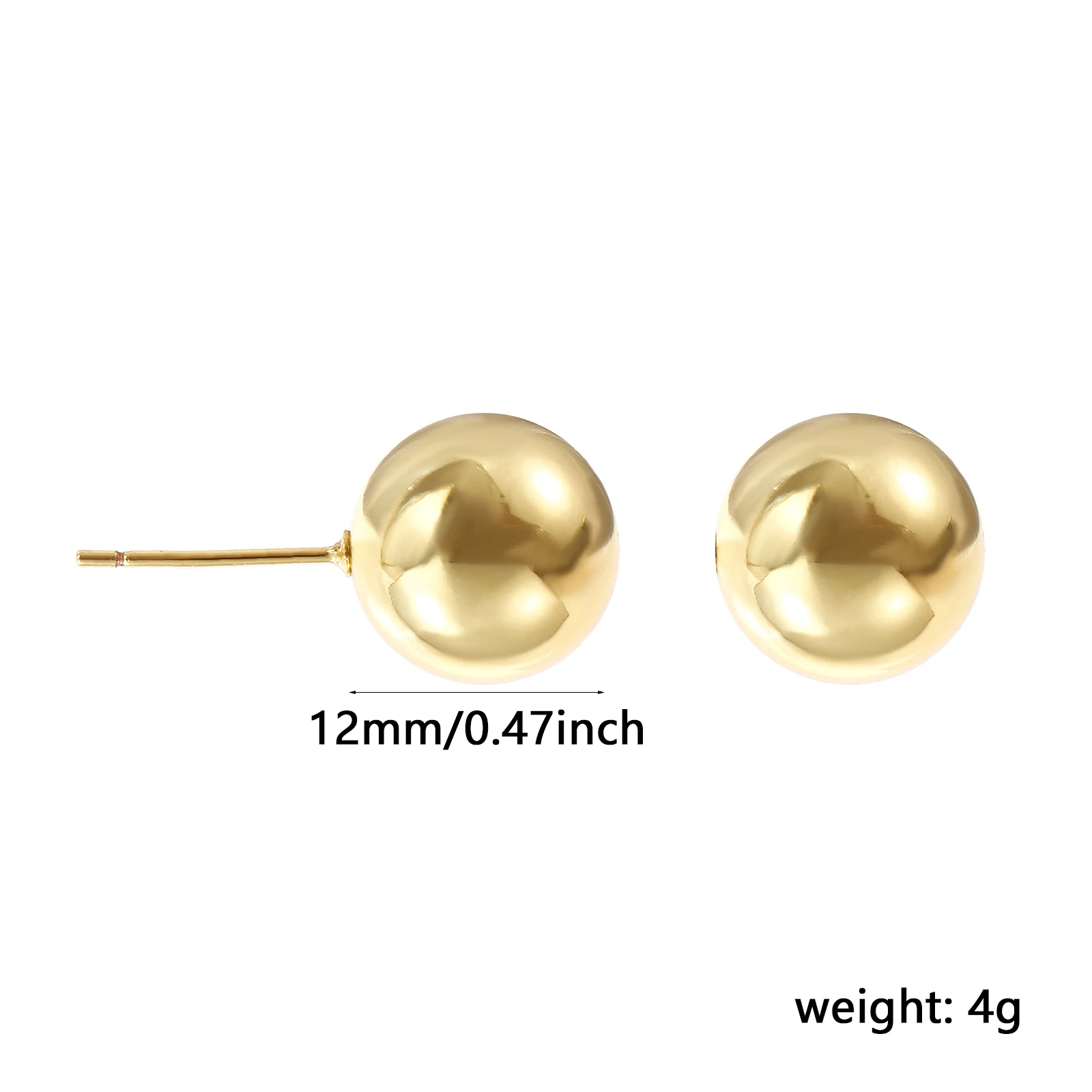 1 Pair Exquisite Earrings Gold Plated Brass Ball With Stoppers Ear Post Stud Earrings Jewelry 12mm Dia., Post/ Wire Size: 0.8m