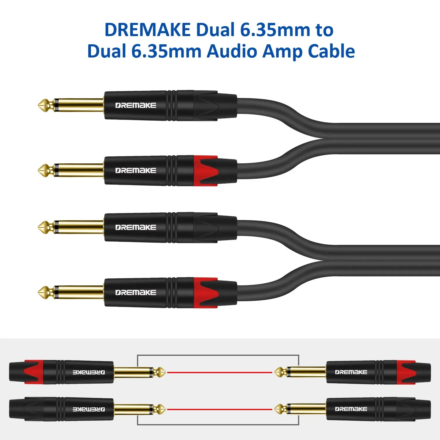 DREMAKE TS 6.35mm do 6.35mm przewód Mono Amp, 2x1/4 \'\'TS Mono 6.35mm Jack męski na 2x1/4\'\' męski kabel Audio do wzmacniacz gitarowy mikser