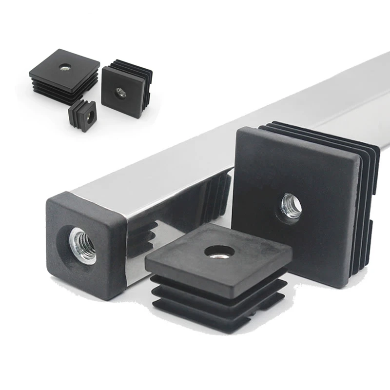 4pcs M6 M8 M10 Pe Plastic Black Square Pipe Plugs With Hole Blanking End Inserts Caps Pipe Cover Furniture Leg Feet Tube