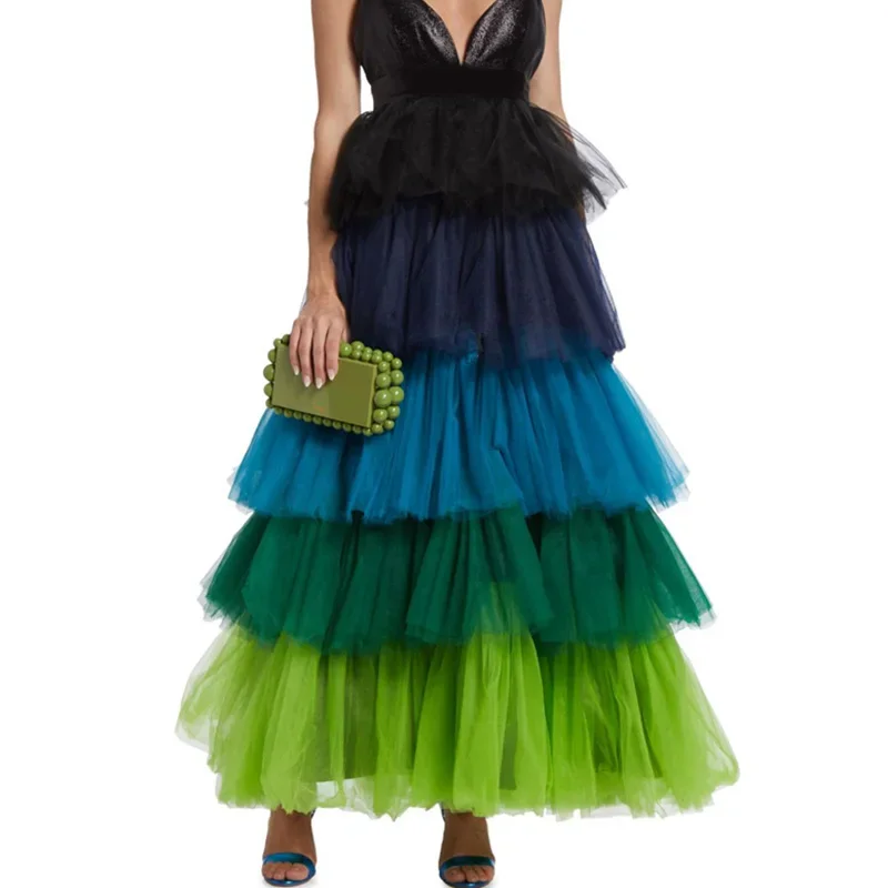 

High Waist Tulle Ball Gown Layered Coloful Woman Clothes Ankle Length Ruffled Skirt Custom Made Green Skirts Free Shipping Gown