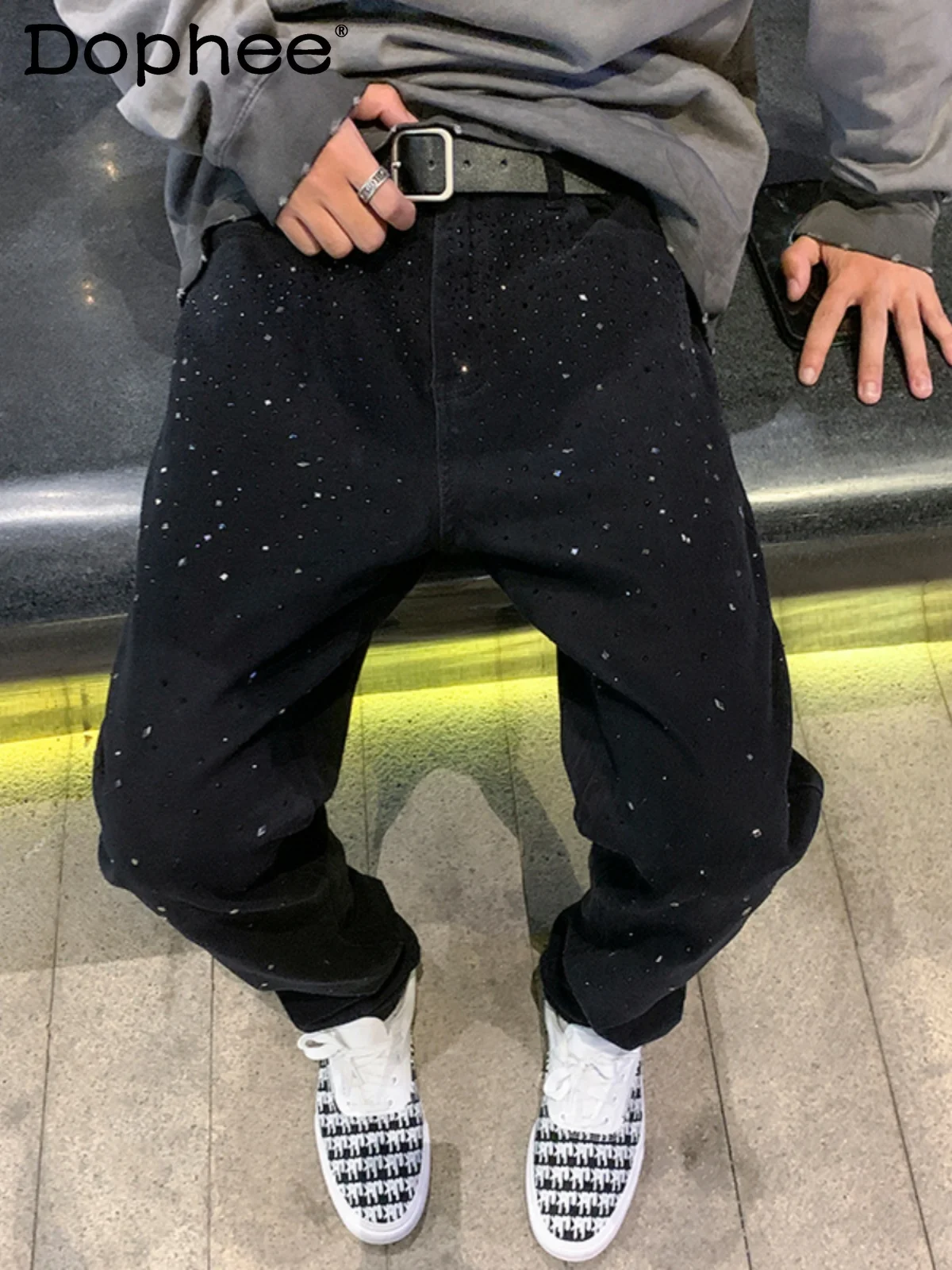 

Summer New Black Men's Slim Fit Jeans Fashion Trend Starry Heavy Ironwork Rhinestone Thin Straight Long Pants