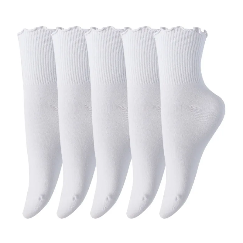 

3 Pairs Women Cute Black Pleated Mid Tube Socks Solid Color Cottonr Autumn And Winter Warm And Comfortable High Quality Socks