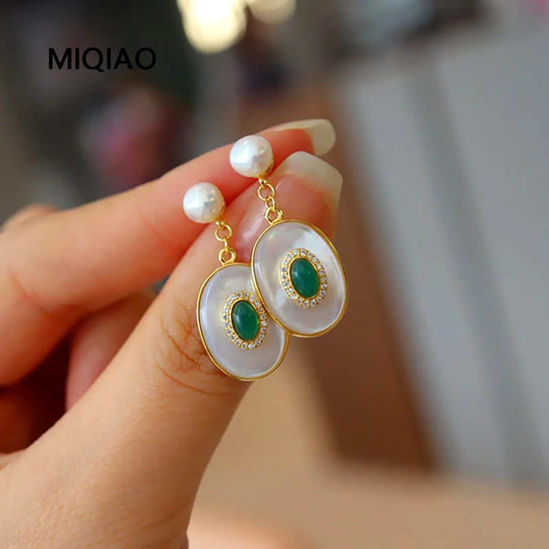 

MIQIAO 925 Silver Earrings For Women Natural Jewelry White Fritillaria Lapis lazuli Pink Shell Queen Shell Green Agate Pearl Ear