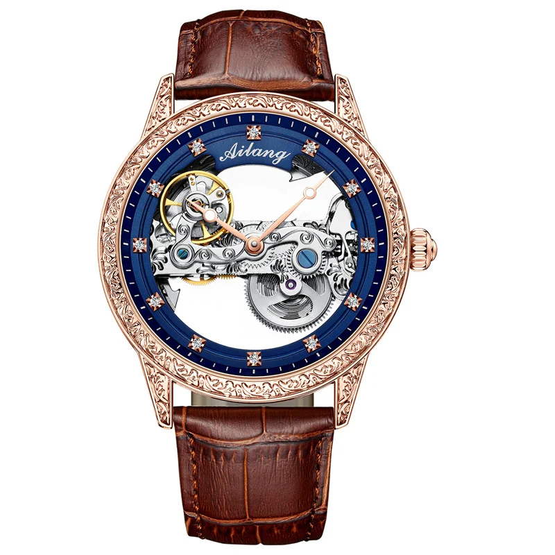 AILANG Top Brand Rose Gold Men Watches Automatic Mechanical Watch Waterproof Leather Skeleton Design Watches Reloj Hombre New