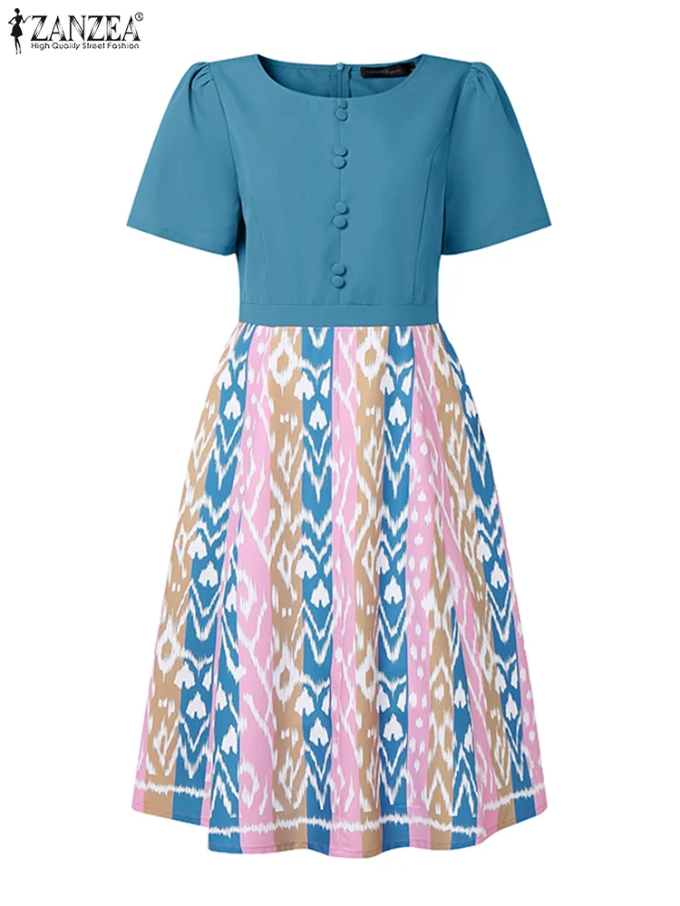 ZANZEA Women Ikat Print Patchwork Dresses Summer O-Neck Short Sleeve Knee-Length Robes Femme Elegant Fashion A-line Vestidos