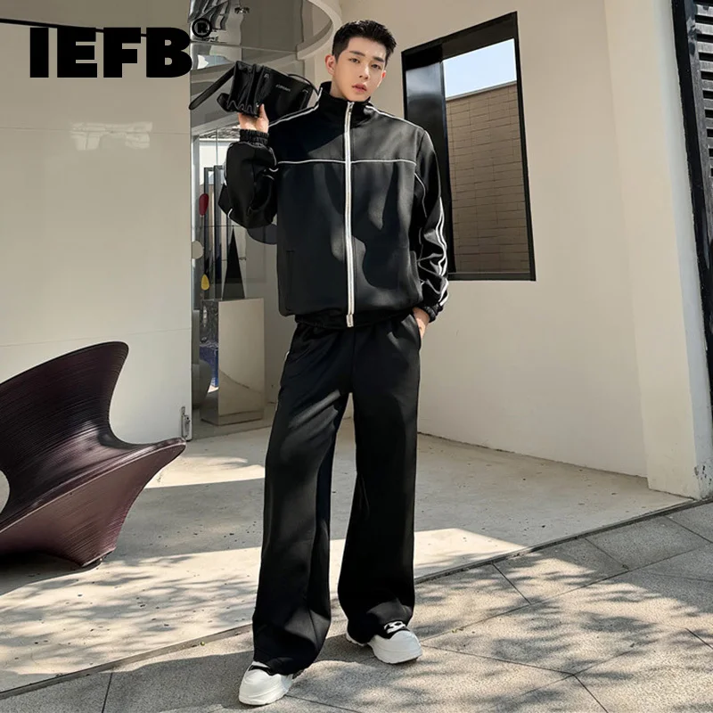 

IEFB Men's Casual Suit Standcollar Stripe Zipper Male Jackets Korean Trendy Contrast Color Men Straight Pants Spring New 9C4906