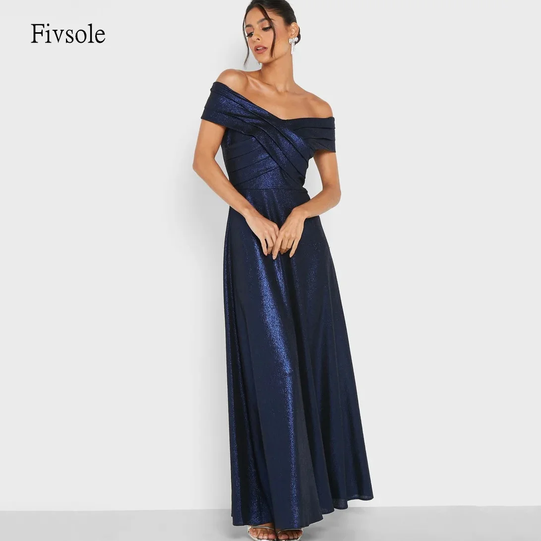 

Fivsole Shimmery Navy Blue A Line Prom Gowns Off The Shoulder Party Gown Ankle Length Evening Dress vestidos de gala Customized