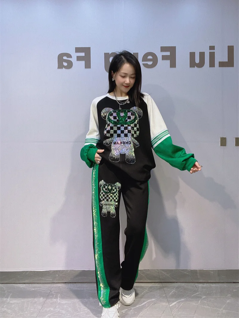 

Casual Oversized Pant Sets Outfits Street Women Sets Colorblock Long Sleeve Sweatshirt Hot Drilling Loose Space Cotton Hoodie