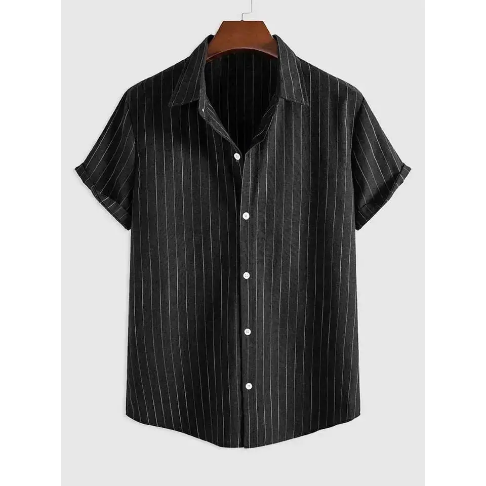 

Turndown Collar Button Blouse Summer Streetwear Tops Loose Fit Stripe Pattern PU Leather Short Sleeve CleanFit Style for Youth