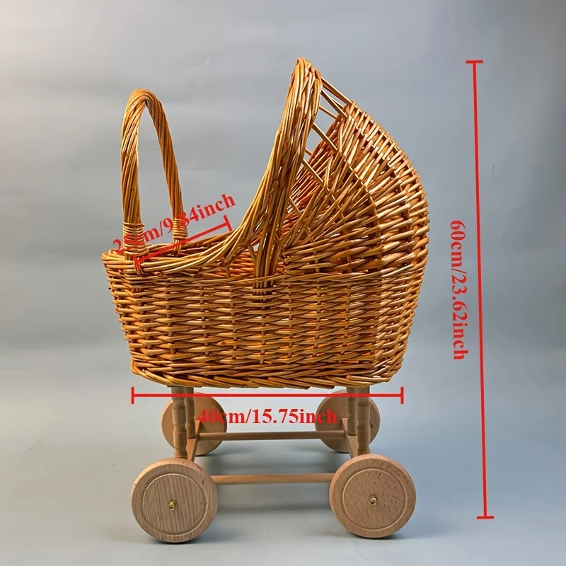 Handwoven Rattan Wicker Baby Carriage Prop with Wooden Wheels Classic BasketCart for Newborn PhotographyStudio and Nursery Decor