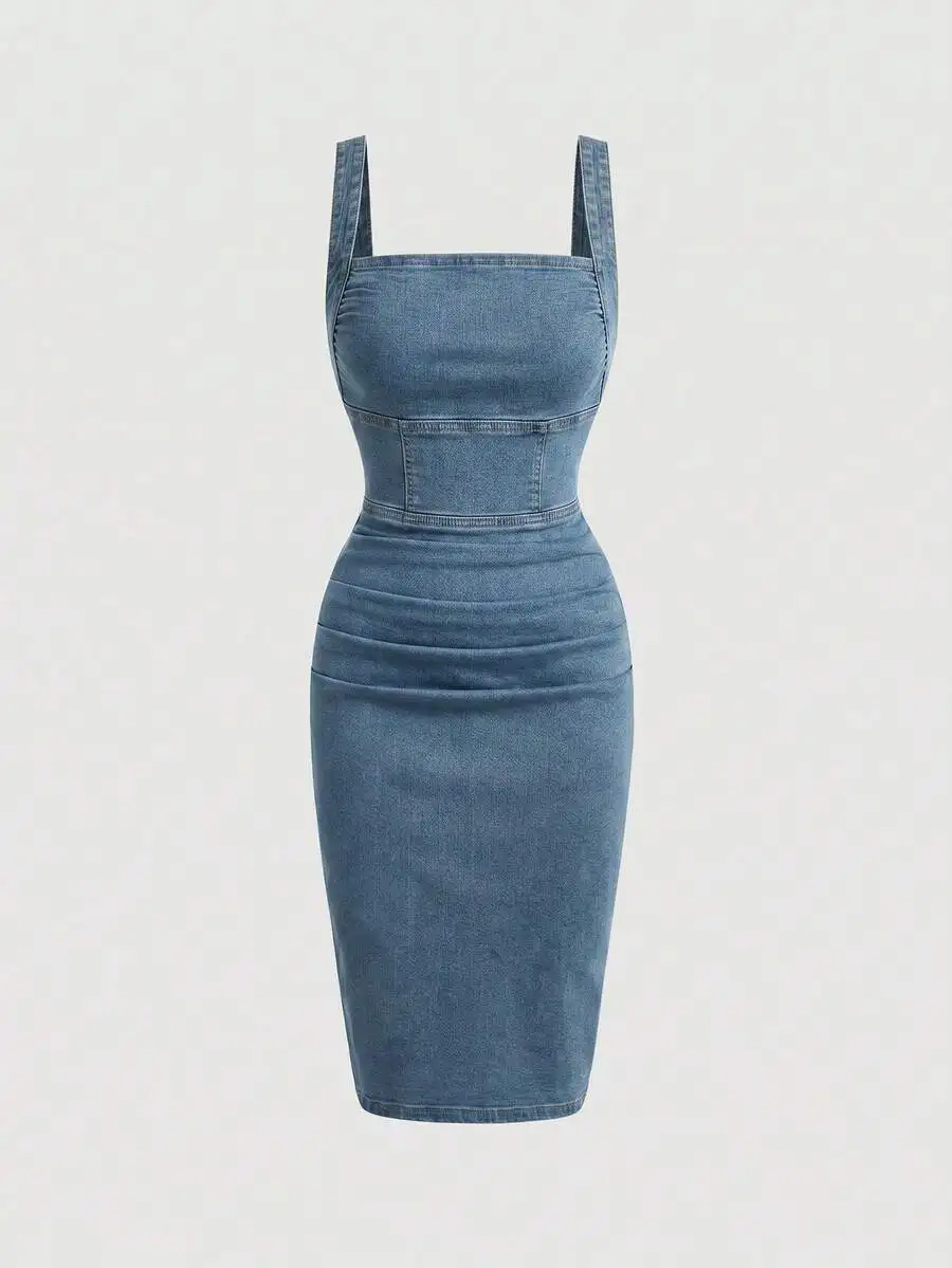

Womens Square Neck Pleated Fitted Denim Sleeveless Dress