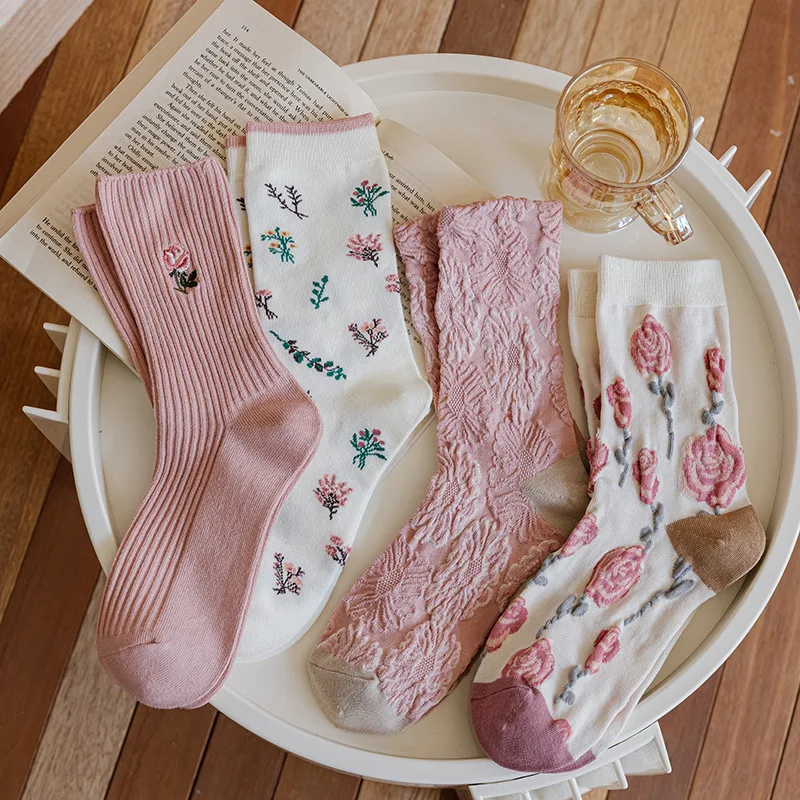 Kawaii Cute Socks Women Rose Floral Embossment Cotton Women Socks Japanese Fashion Harajuku Retro Vintage Streetwear Pink Socks