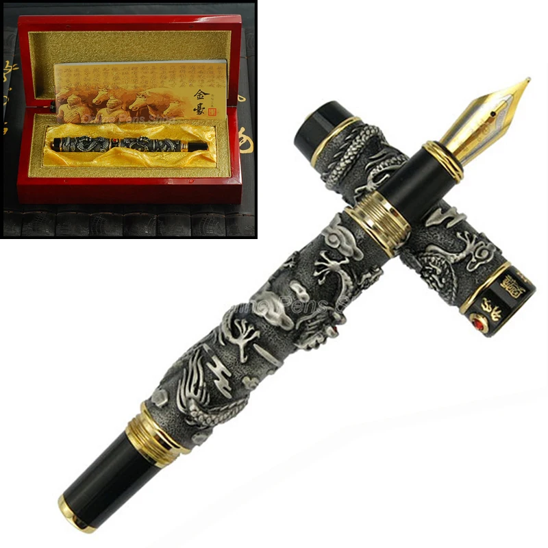 

Jinhao High Grade Double Dragon Playing Pearl, Metal Carving Embossing Heavy Pen Grey & Black Writing Gift Set W/Gift Box JF011