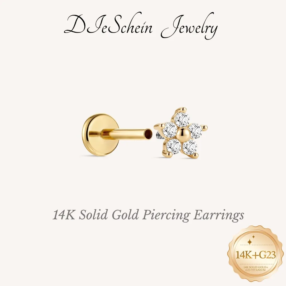 DIeSchein Women 14K Solid Gold Stud Earrings Zircon Flat Back Earrings Gold for Helix Tragus Daith Piercings 14k Gold Jewelry
