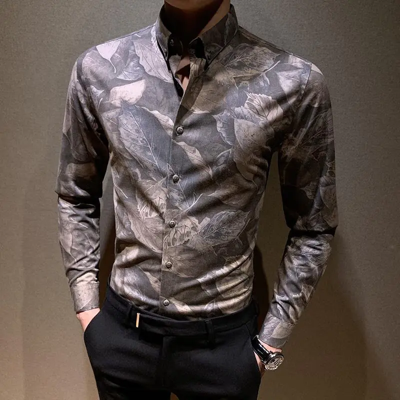 

Spring Korean long sleeve shirt men's fashion printing casual slim shirt handsome floral fashion men's top