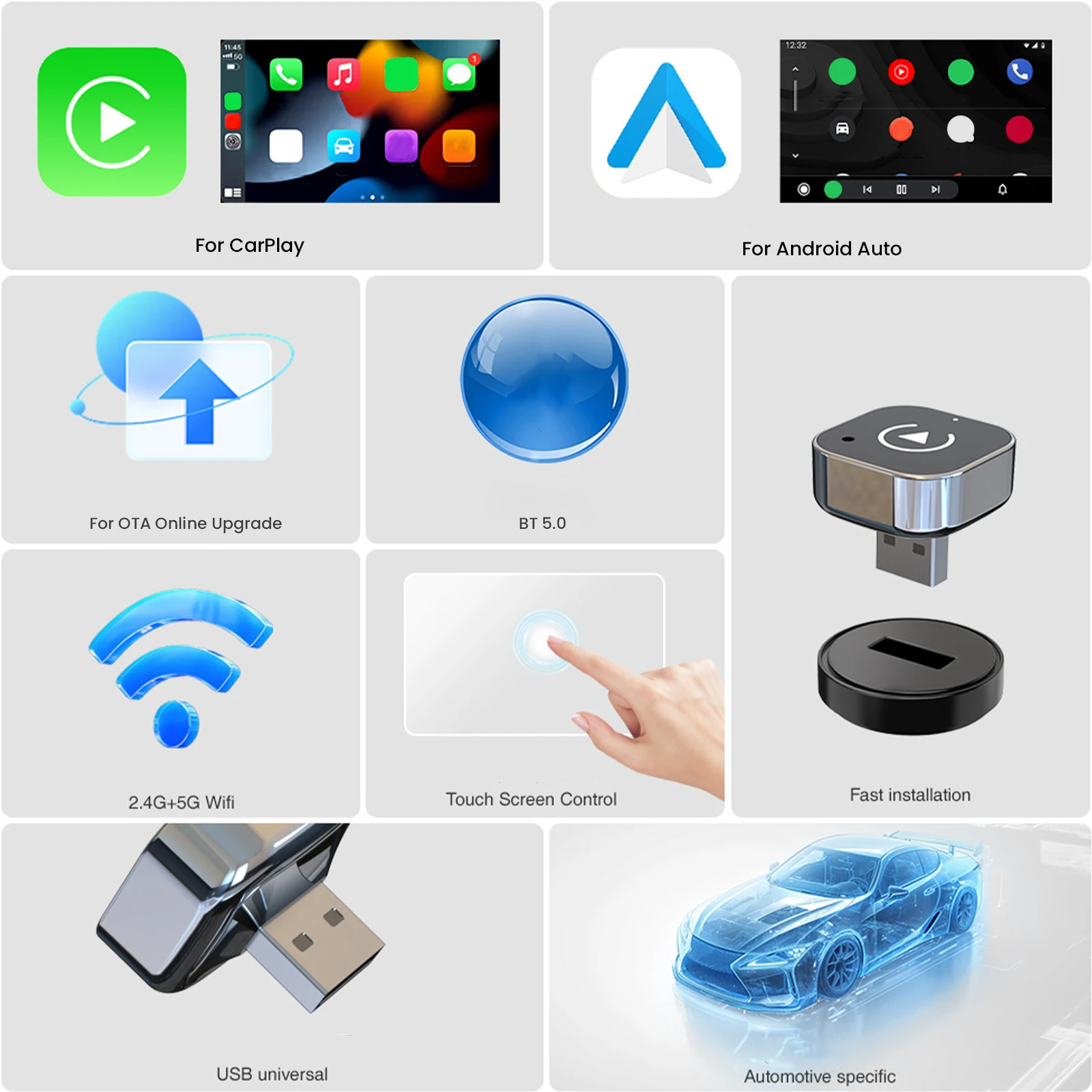 

2-in-1 Wireless CarPlay/Android Auto Adapter Plug & Play Wireless CarPlay & Android Auto Adapter for Factory Wired Cars
