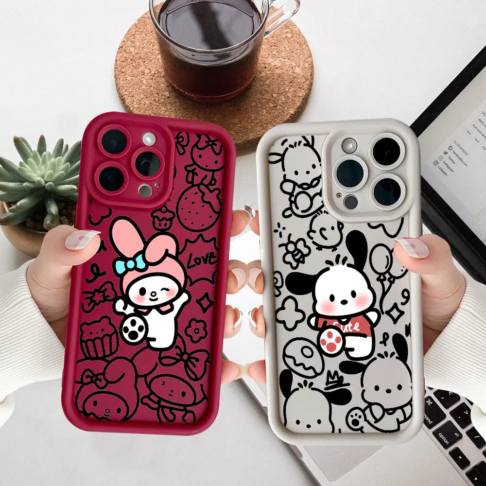 

Pompom Purin Pochacco MyMelody Phone Case For iPhone 17 Air 16 16e 15 14 Plus 13 12 11 17 16 Pro Max Coque Liquid Silicone Cover
