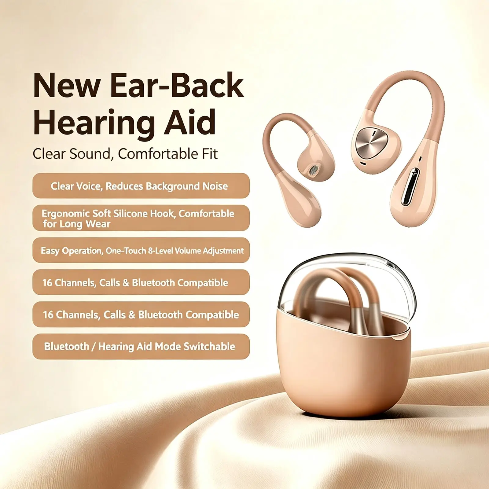 Wireless Ear-hung Sound Amplifier Bluetooth Headphone 16 Channel WDRC  Key Volume Control Handsfree Call For Mild Hearing Loss