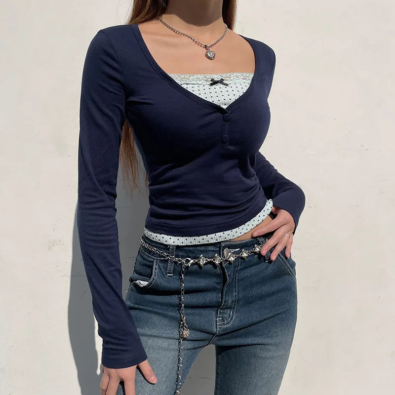 Sexy V-Neck T-shirt Women Solid Autumn Long Sleeves Tees Streetwear Patchwork Crop Top Fashion Casual Slim Basic T-shirt Female