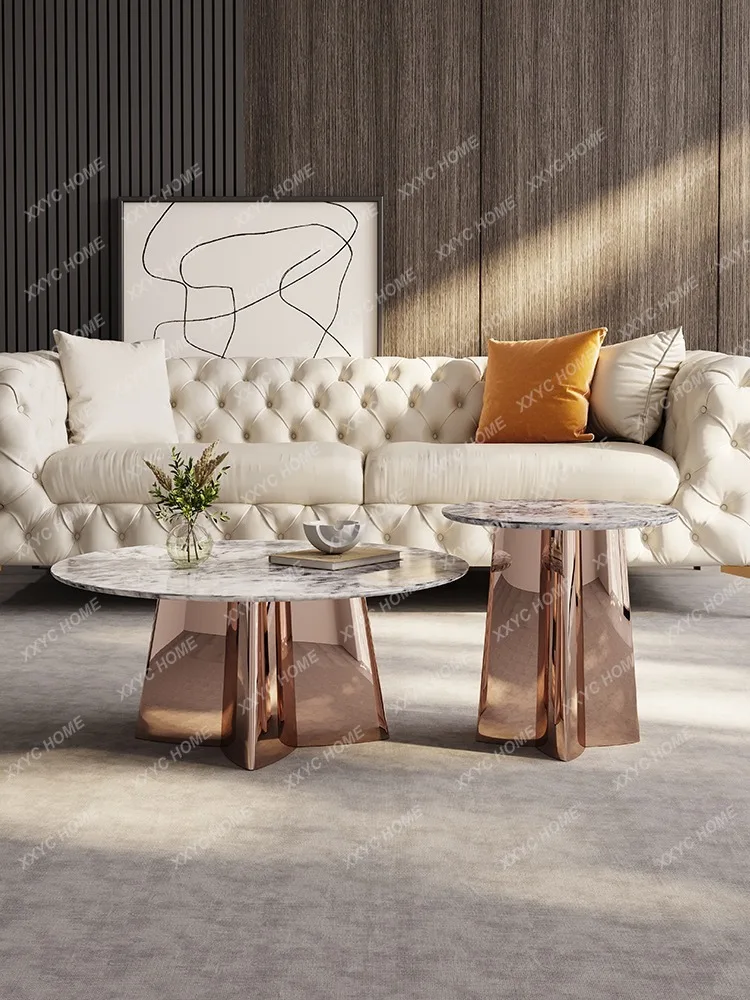 

Light luxury round marble petal small apartment living room high-end stainless steel rose gold FT