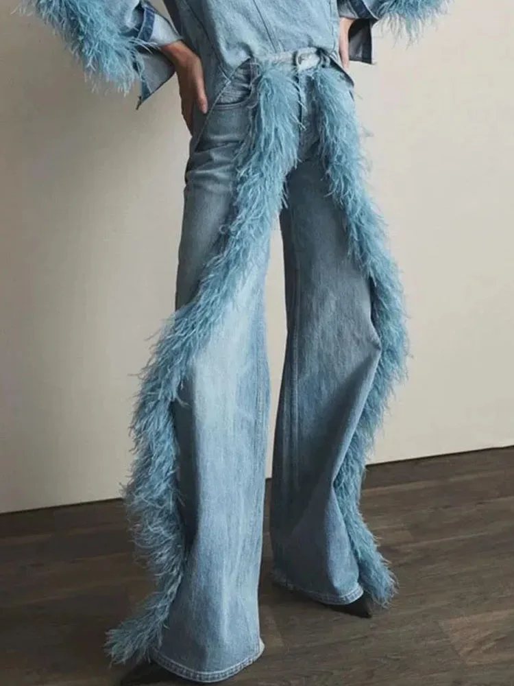 BKQU Feather Spliced Washed Jeans Women Baggy Wide Leg Denim Pants Y2K High Waist Fashion Streetwear 2025 Straight Jean Trousers