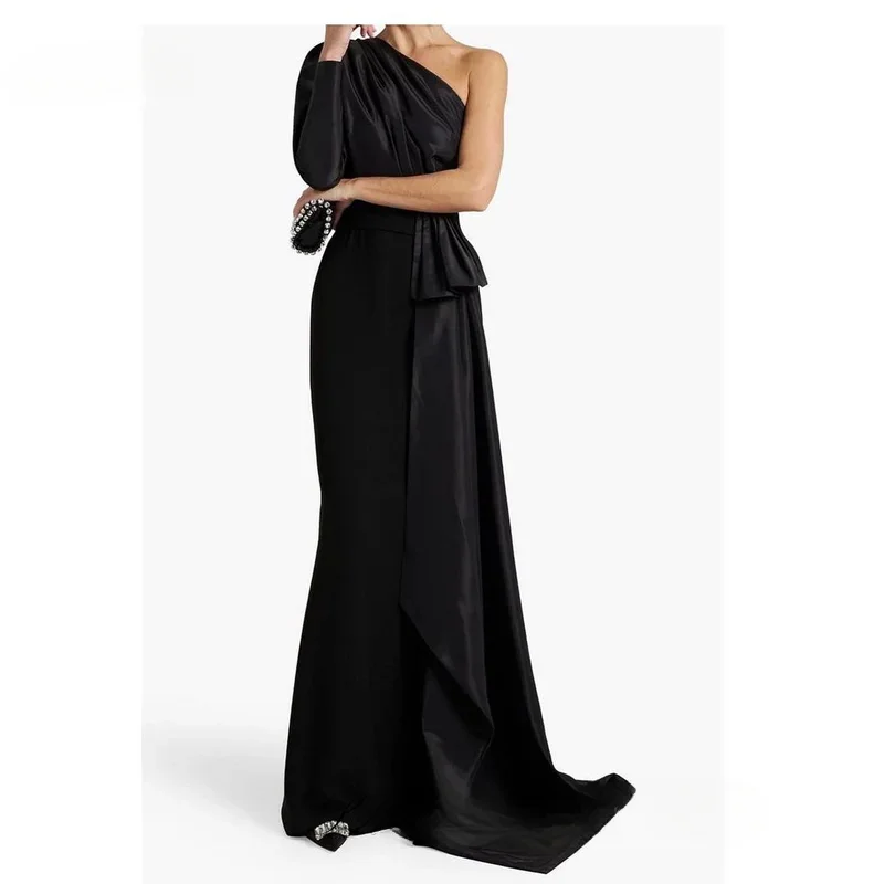 Exquisite lange Ärmel One-Shoulder-Abschlussballkleider Saudi-arabische Frauen Satin Schwarz Abendkleider Anlass Formelle Party individuell angepasst